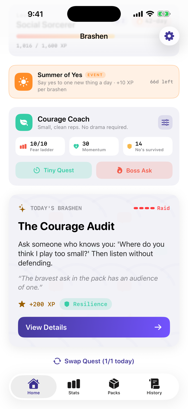 Brashen home screen showing the daily quest card, streak, and courage coach