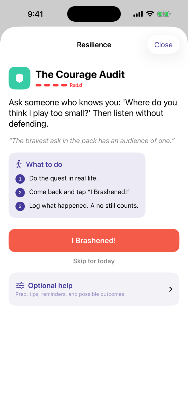 Quest detail screen with clear steps and the I Brashened button